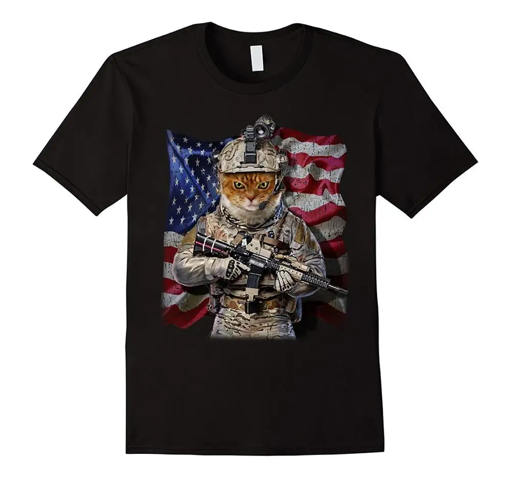 

Hot Sale 100% cotton USA America Patriot Tabby Cat as Army Commando T-Shirt Tee shirt