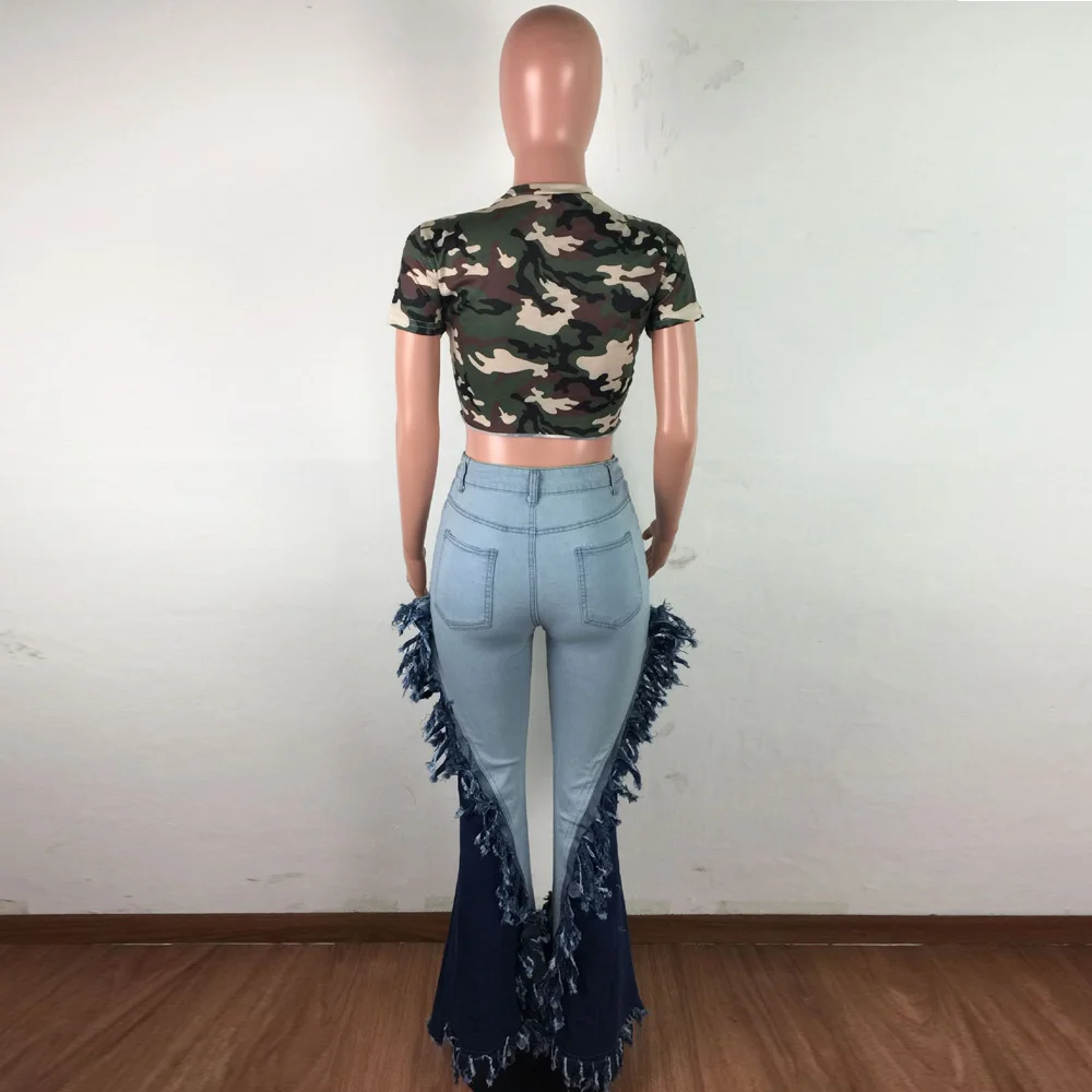 

Tassels Patchwork Streetwear Flare Denim Pant Women Fashion High Waist Color Block Bandage Trouser Sexy Bell Bottom Jean Bottoms