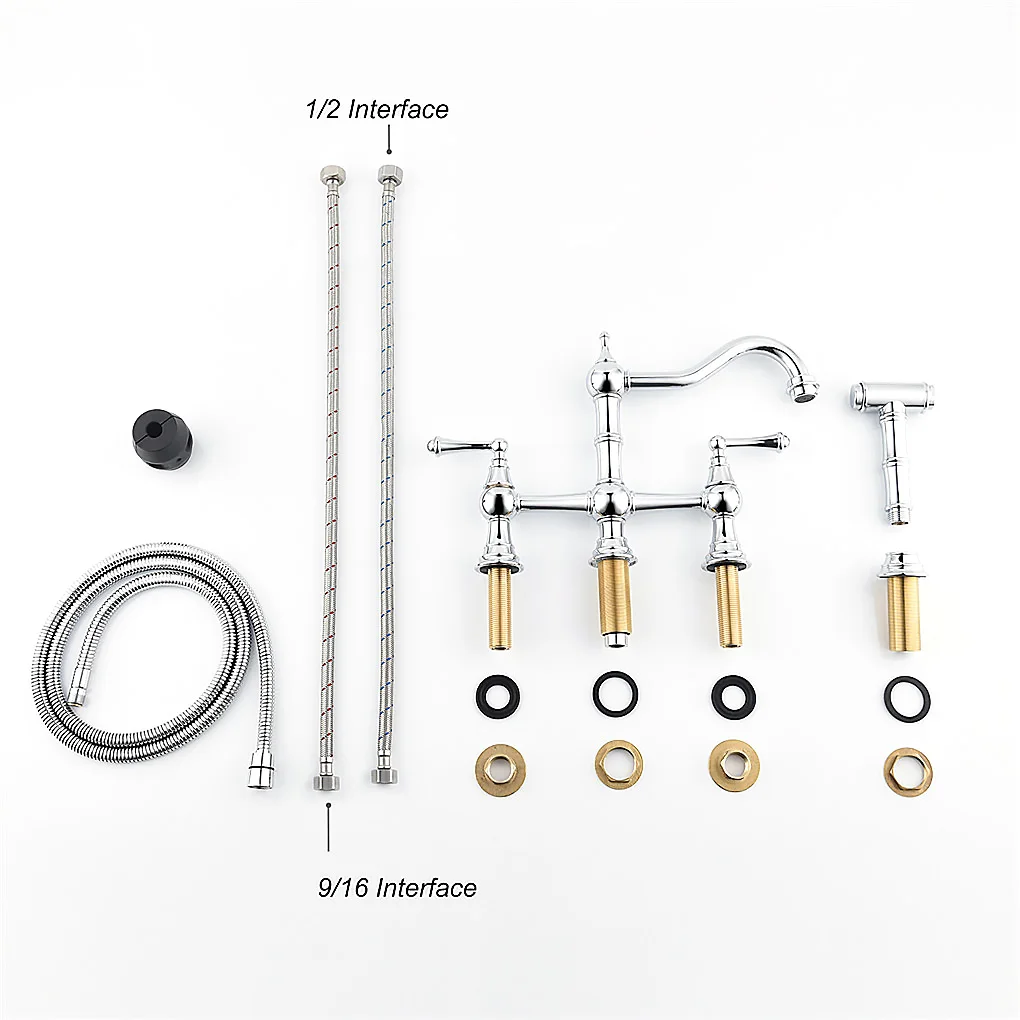 

Bathroom Hot Cold Water Swivel Handles Brass Tap Kitchen Sink Faucet with Pull-Out Side Spray