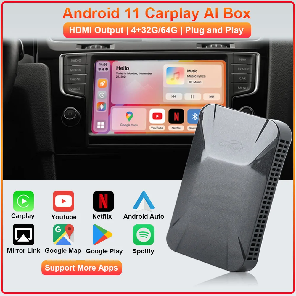 Android 11 4+128G Wireless Carplay Ai Box Applepie Anroid Auto WiFi Gps Box For Youtube Netflix Google Play Store Voice Control