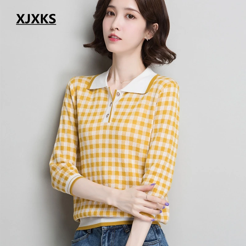 Женский свитер в клетку XJXKS повседневный трикотажный пуловер с отложным