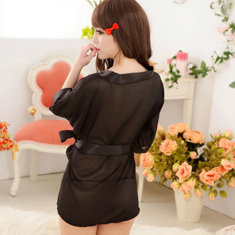 Сексуальная ночная рубашка Нижнее белье халат Пижама банный с поясом прозрачное