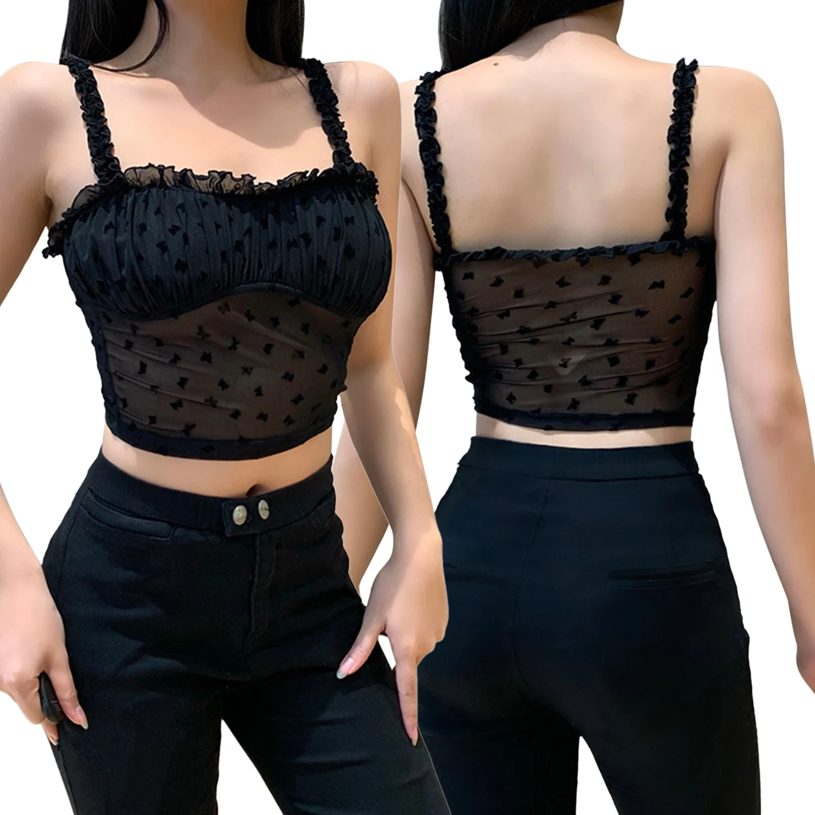 

Women Summer Ruffles Crop Tops Vest Streetwear Printed Mesh Lace Shoulder Strap See Through Sleeveless Sling Camisole for Women