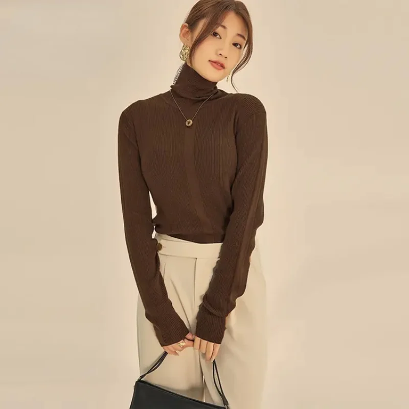 

2022 Winter Women Pullover Tops Female Knitted Sweaters Solid Concise Turtleneck Elasticity Elegant Office Lady Casual Korean
