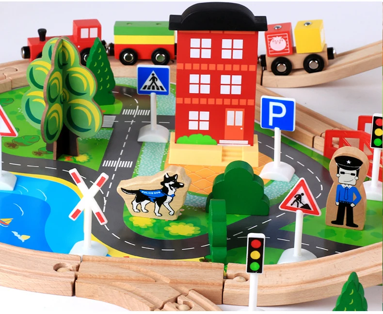 88pcs Montessori Wooden small train track set magnetic electric car head 3-7 years old boy building blocks children's toys