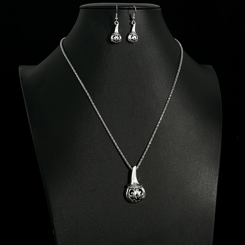 Vintage Halloween Necklace Earrings Set Carved Pumpkin Skull Ghost Fly Bat Charm Pendant Hook Cosplay Jewelry | Украшения и