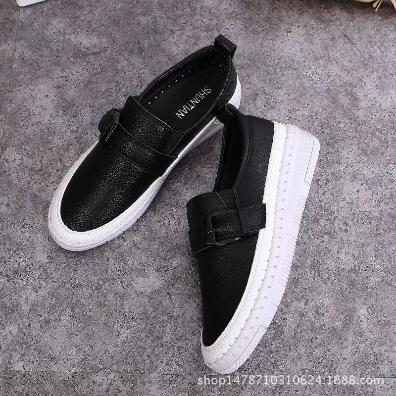 

Woman Leather Moccasins Buckle Strap Espadrilles Loafers Women Thick Bottomed Flats Students Shoes