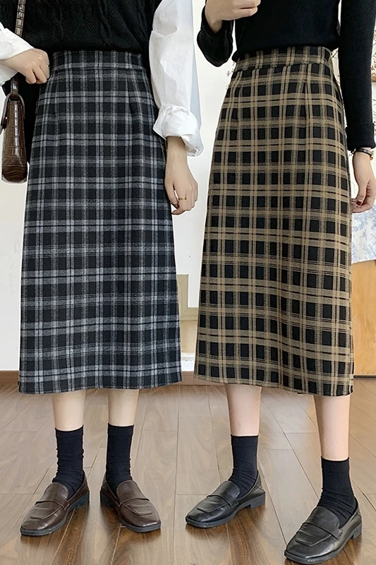

WERUERUYU Autumn and Winter Houndstooth Skirt Women's Split Skirt Long Woolen Tartan Skirt Woman Skirts