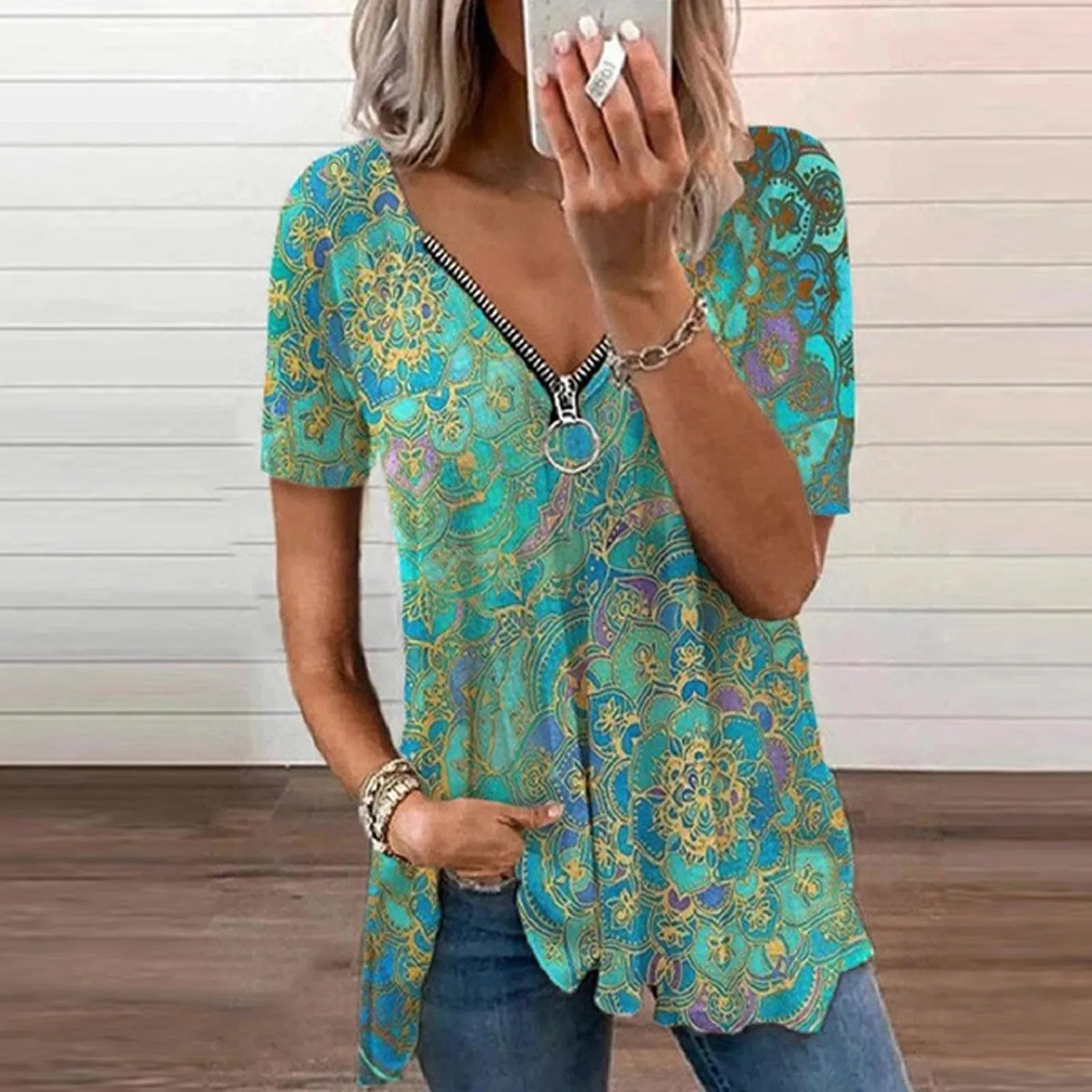 

40# Harajuku Short Sleeve Blouses Women Vintage Prints Plaid V-neck Zipper Shirts Summer Elegant Tunic Tee Top Femme Blusas