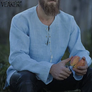 Мужская хлопковая футболка, однотонная, с V-образным вырезом, бандажная, повседневная, льняной топ с длинными рукавами, 2020, S-4XL