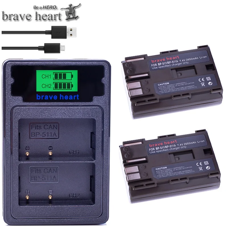 charger and 2battery BP-511A BP-511 BP 511 BP511 Li-Ion Батарея+ type-c двойной Зарядное устройство для Canon BP-511 G6 G5 G3 G2 G1 EOS 300D 50D 40D 30D 20D 5D - Цвет: charger and 2battery
