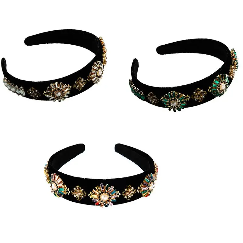 

Glitter Rhinestone Floral Hair Hoop Velvet Pearl Jewelry Bandana Prom Headdress 63HC