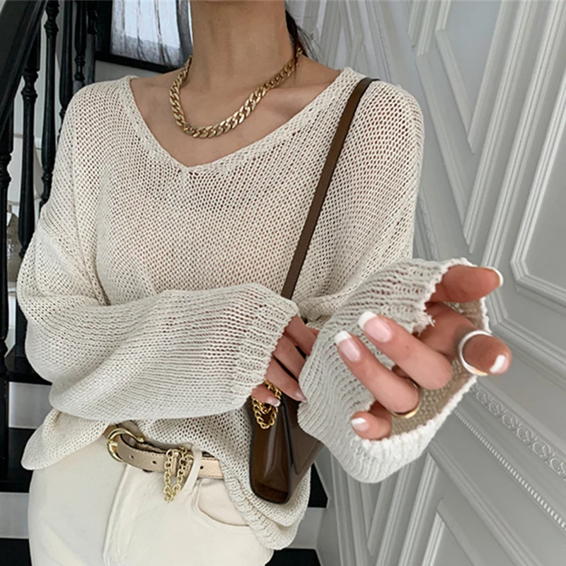 Sister Fara New Spring 2021 V-Neck Knitted Sweater Women Oversize Pullovers Cutout Jumpers Female Solid All-Match Tops | Женская одежда