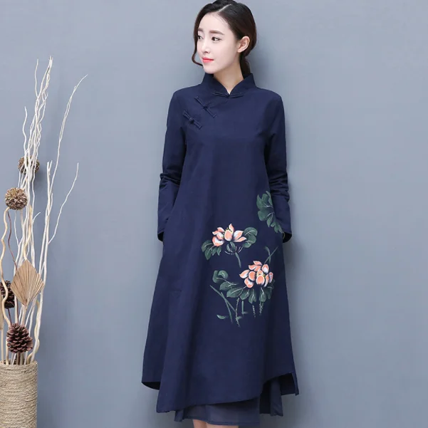 Женское платье длинный рукав китайское два ветра ручная роспись хлопок и лен