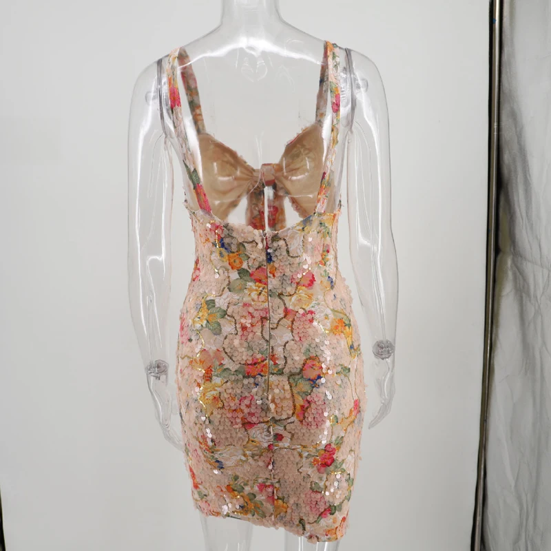 

Women Elegant Sequined Dress Lovely Underbust Tie Hollow Out Sexy Mini Dress Chic Floral Strap Backless Dress Club Night Party