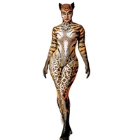 cat women leopard printing role playing costume bodysuit with tail performance stage wear nightclub outfit tights jumpsuit