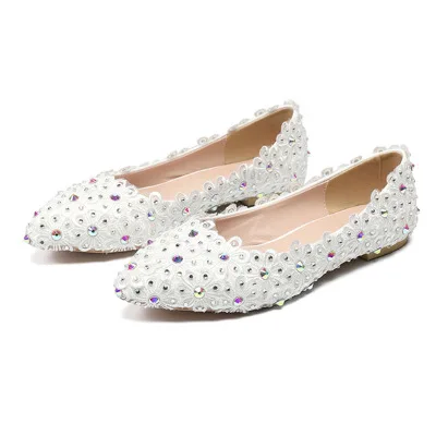 

BaoYaFang 1cm Low Heel Fashion shoes Woman Pointed Toe White Flower Wedding shoes Crystal Performance Women Party Shoes