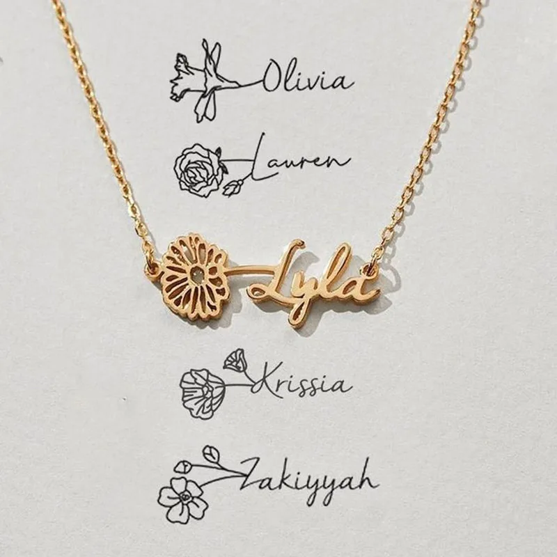 Personalized Birth Flower Name Necklace Customized Name Necklace Stainless Steel Custom Name Necklace For Women Birthday Gifts