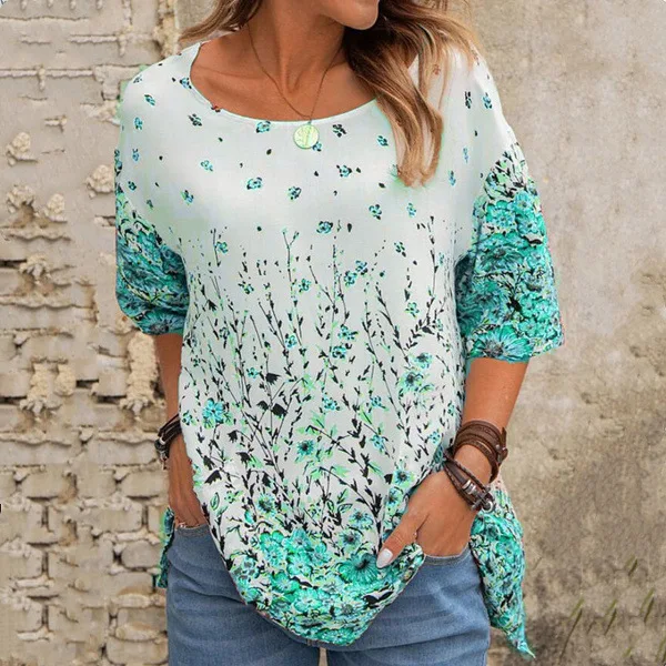 

2021 Summer New Fashion Casual Floral Printed Tshirt Loose Round Neck Short Sleeve Half Sleeve Tops Women Clothing T-Shirt