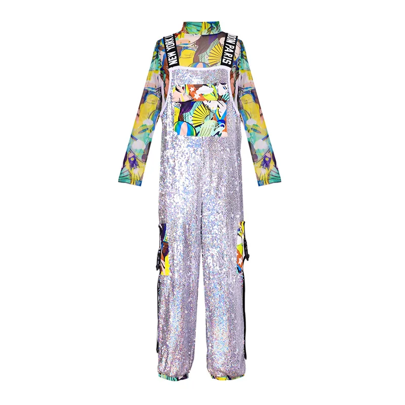 

2020 Modern Jazz Dance Costumes For Kids Silver Sequin Bib Pants Fashion Long Sleeve Tops Girls Hip Hop Street Dance Clothes