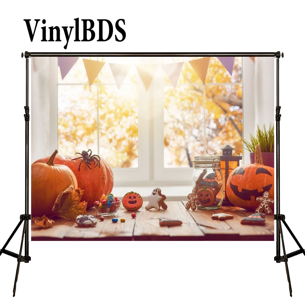 

VinylBDS семья Хэллоуин фон мультфильм конфеты тыква детей Фон Ребенок окно боке фоны деревянный пол Фотостудия