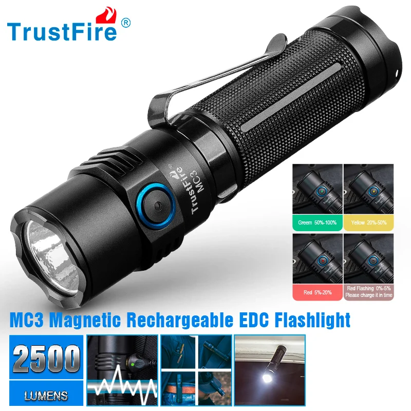 

Trustfire Mc3 High Power Rechargeable Led Flashlight 2500 Lumens Cree Xhp 50 Led 21700 Ipx8 Magnetic Charge 2a Powerful EDC Lamp