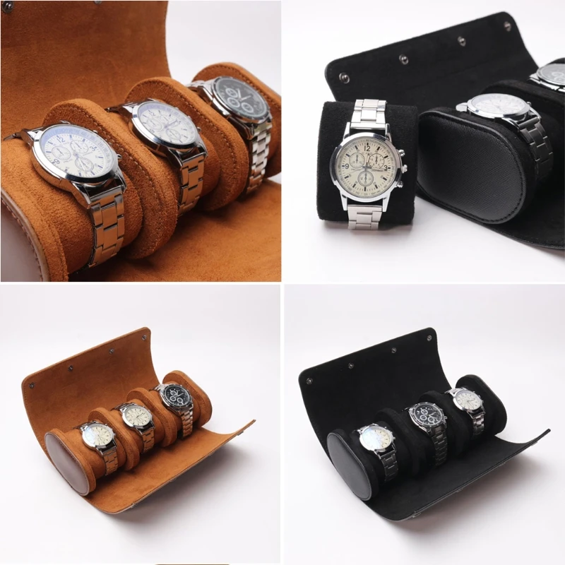 

3 Slots Watch Roll Travel Case Chic Portable Vintage Leather Display Watch Storage Box with Slid in Out Watch Organizers 85LB