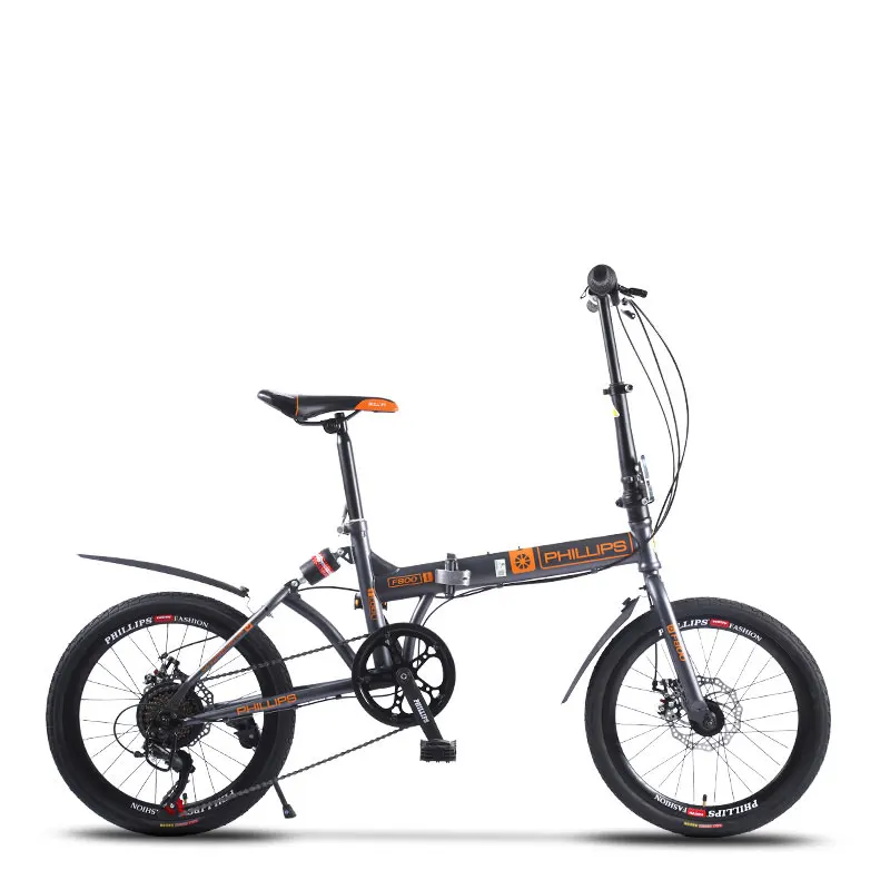 Bike Folding Bicycle 20 Inch Speed Double Disc Brake Shock Absorption Aluminum Alloy Rim Student Adult Men and Women - Color: Gray