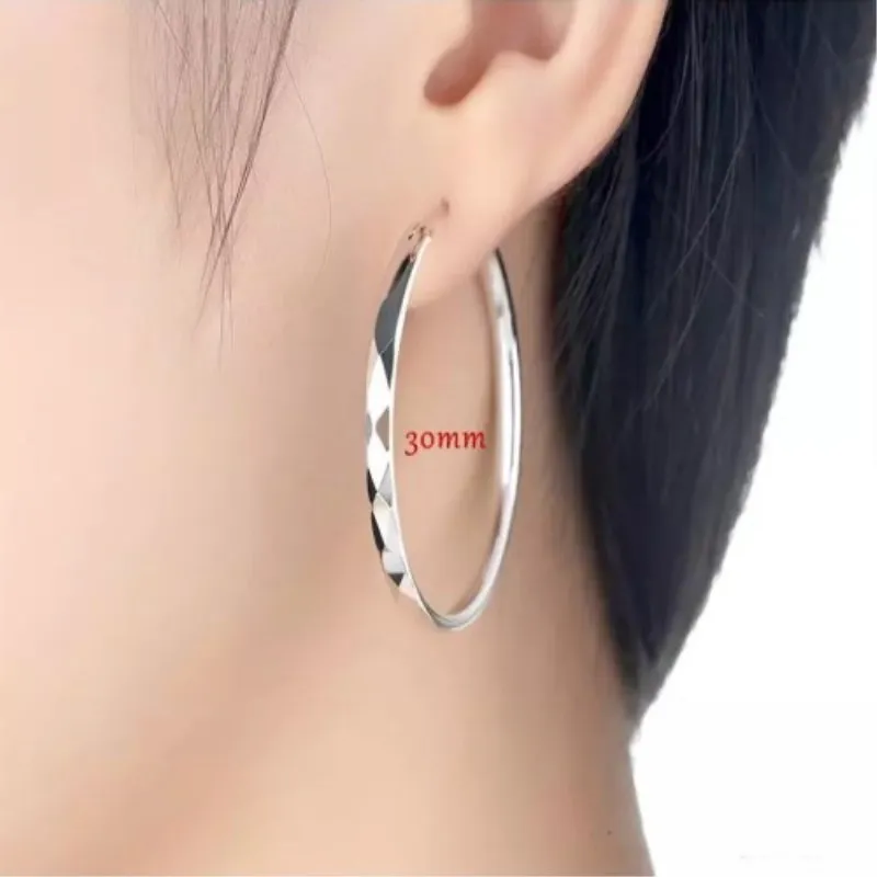 30mm Женская мода Большой круг обруч серьги lozenge серебро простые ювелирные изделия - Metal Color: 30mm