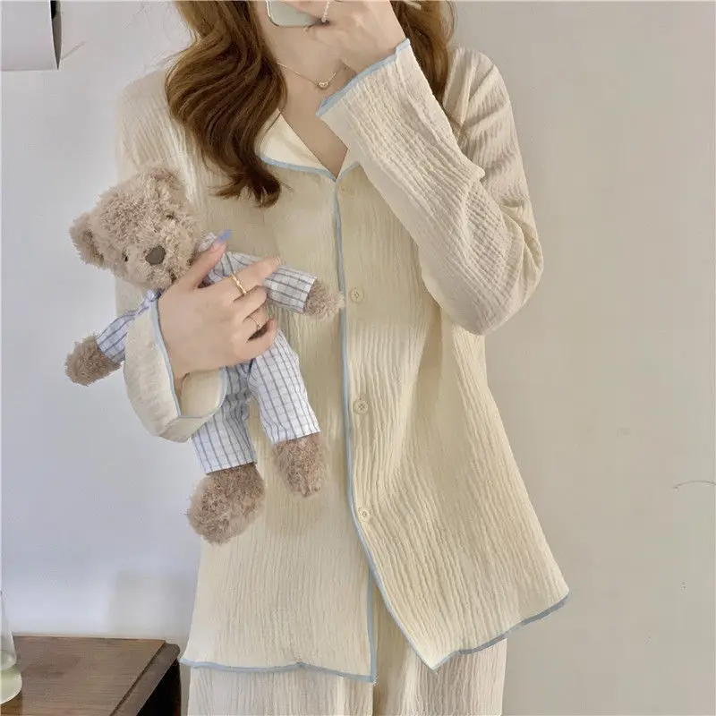 Пижама HOUZHOU Женская с длинным рукавом, домашняя одежда с лацканами, однотонная хлопковая одежда для сна, осенняя Пижама