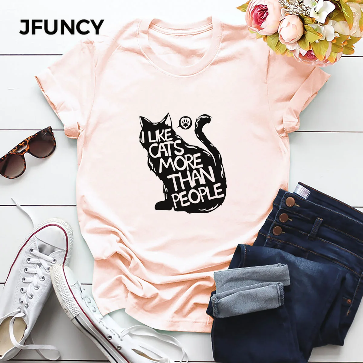 JFUNCY I Love Cat Print 100%Cotton Summer T Shirt Women Short Sleeve T-shirt Female Tees  Casual Lady Basic Tops