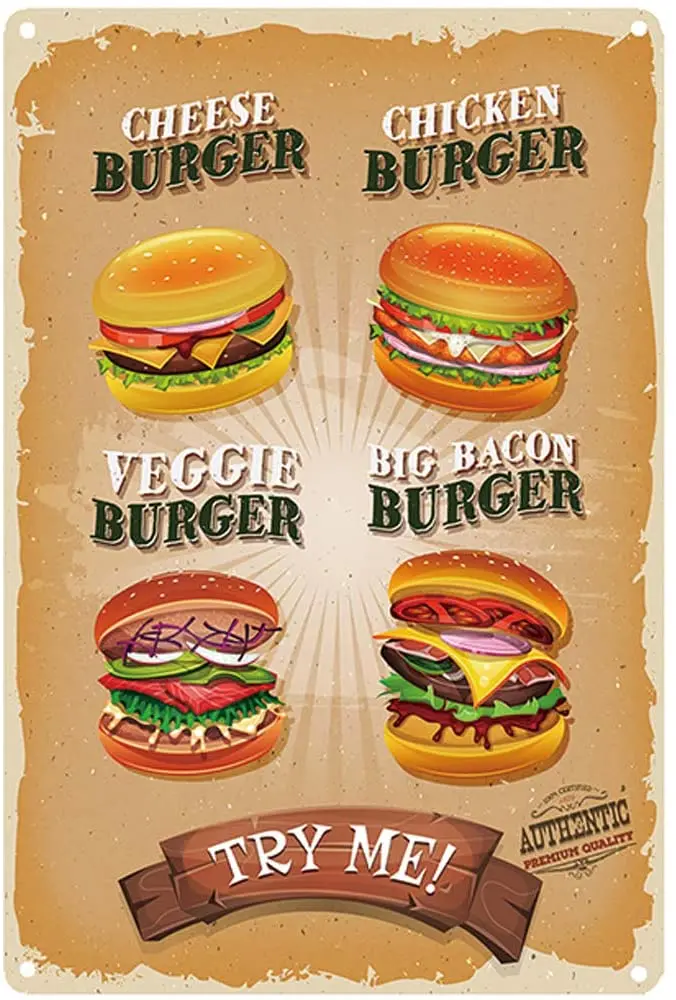 

Design Burger Tin Metal Signs Wall Art|Thick Tinplate Print Poster Wall Decoration for Kitchen/Restaurant