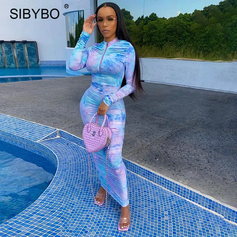 SIBYBO вареный с принтом Длинные вечерние платья длинными рукавами на осень молнии