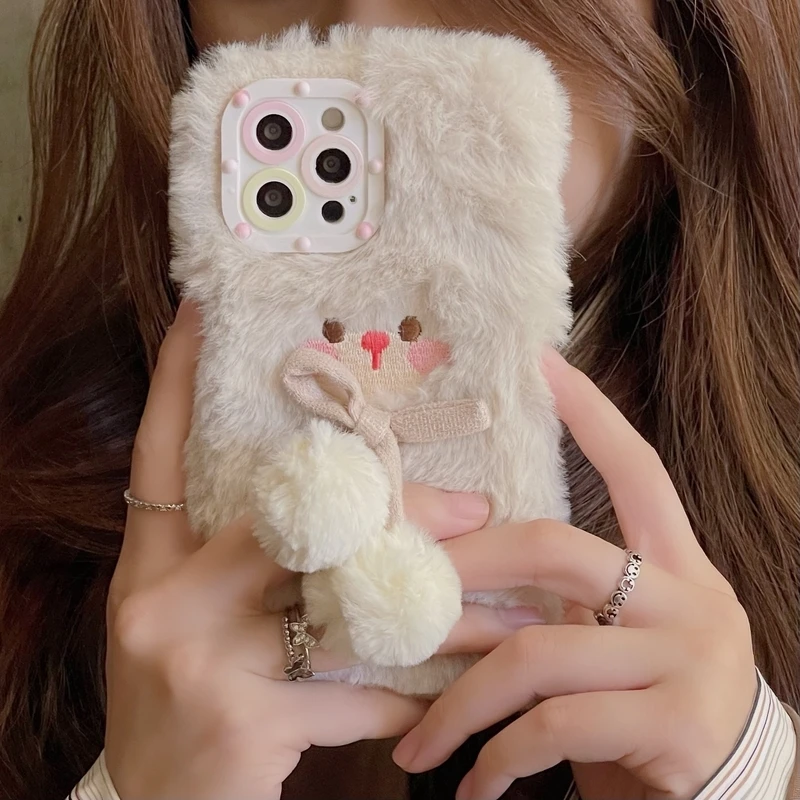 

3D Cute Cartoon Sheep Furry Soft Phone Case For iPhone 13 Pro Max 12 11 Pro Max X Xs Max Xr 7 8 Plus Case Hairy Warm Plush Cover