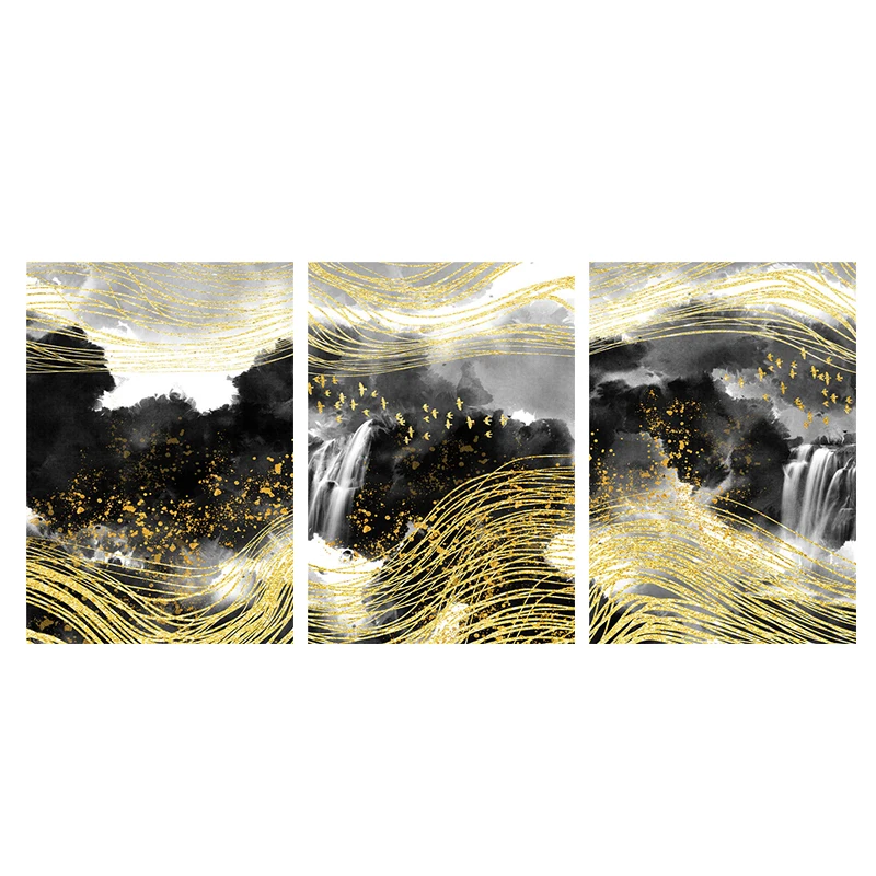 

Wall Art Modern Abstract Golden Lines Bird Canvas Painting Nordic Black Landscape Picture Posters Print Living Room Decoration
