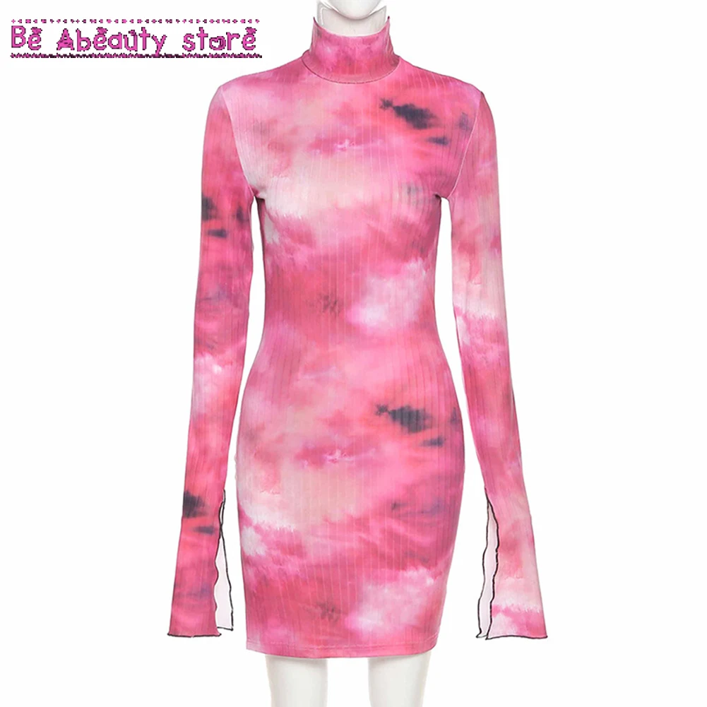 

Tie Dye Turtleneck Bodycon Dresses Women Side Split Ribbed Flared Long Sleeve Clubwear Midnight Outfit Party Mini Dress