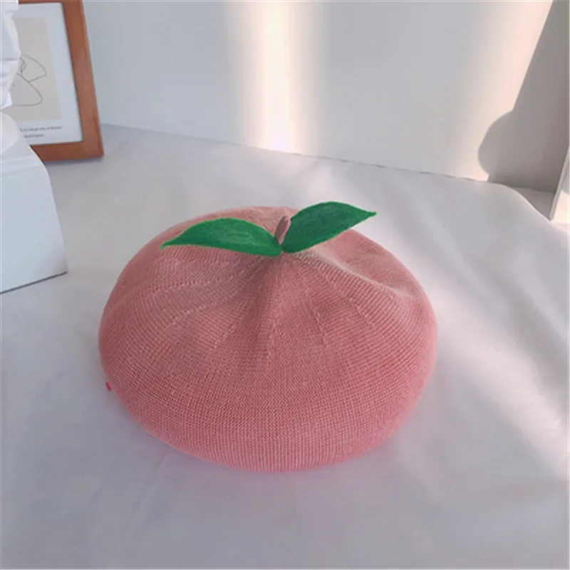 Spring summer women beret hat handmade cute fruit orange painter hat girl thin section breathable peach beanie gift female