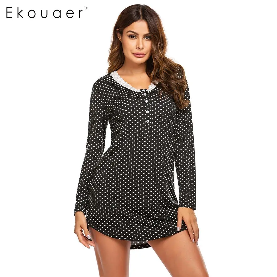 Ekouaer, женская мягкая ночная рубашка, одежда для сна, круглый вырез, длинный рукав, узор в горошек, кружевная отделка, ночная рубашка Pregant, ночная одежда, домашняя одежда