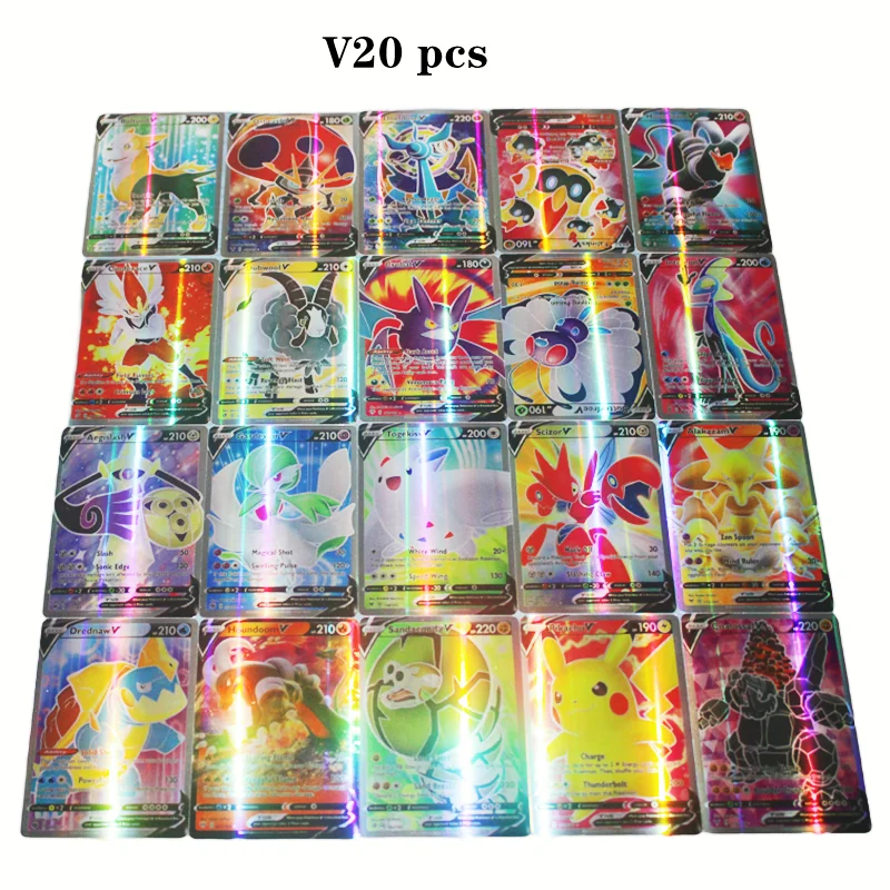 

Pokemon 20 шт. V английская флеш-карта, лидер продаж, Детская файтинговая английская версия, ярлык, игровая команда, блестящая карта 20 уникальных