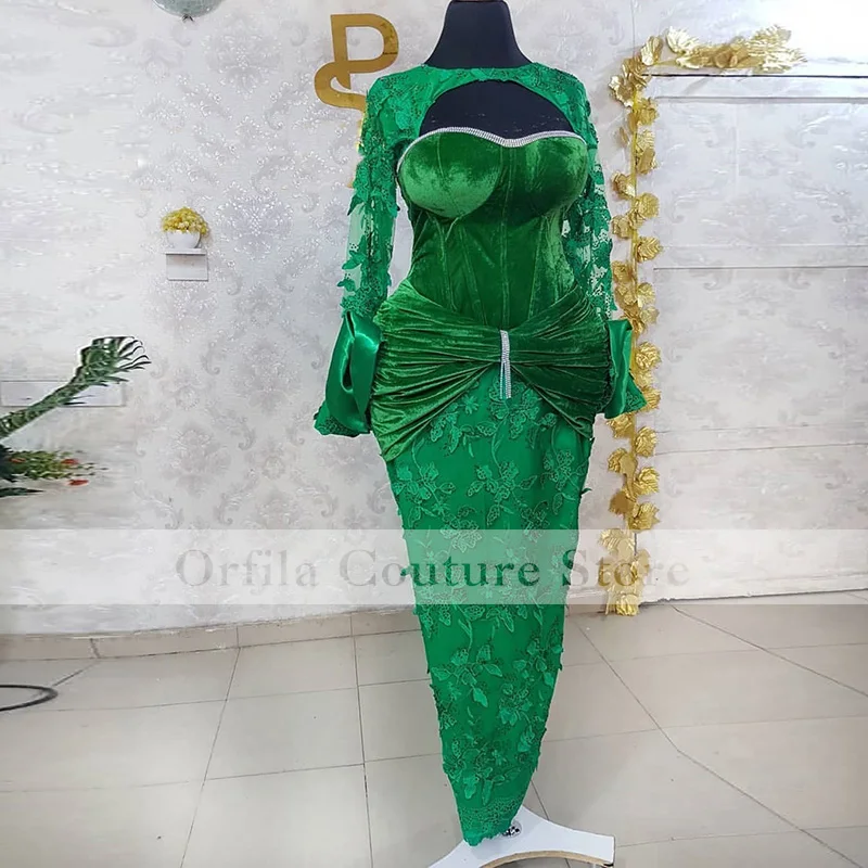 

Orfila hunter Green Aso Ebi Evening Dress Velvet Long Sleeves Women Formal Prom Gowns robe de soirée