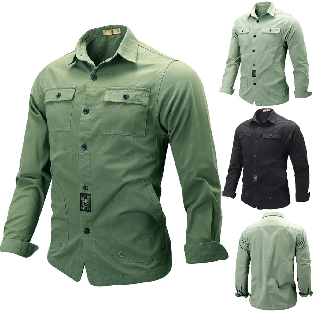 Рубашка мужская повседневная с карманами модная блузка в стиле милитари длинный