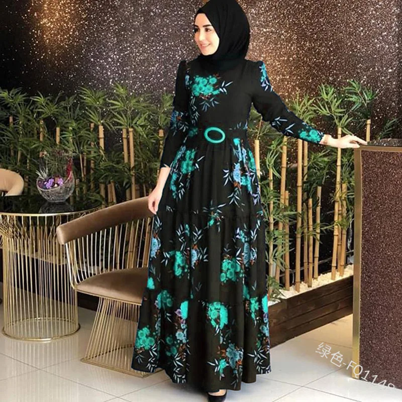 

Vintage floral print women dress Casual long sleeve high waist party maxi dress Green purple red blue lady muslim dress 2020