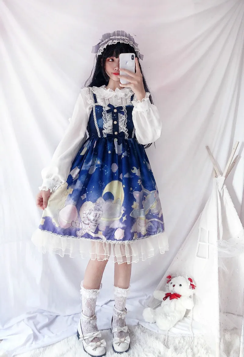 Платье в стиле Лолиты; милое платье в японском стиле Kawaii; платье принцессы для девочек в винтажном готическом стиле; кружевная розовая летняя юбка с принтом