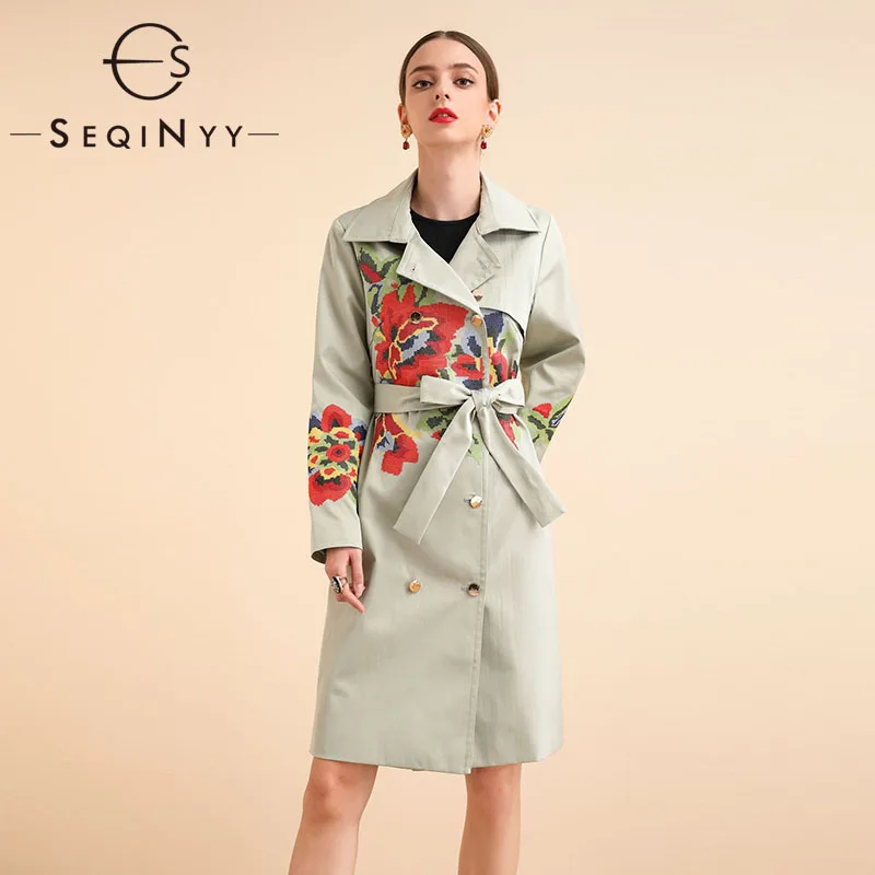 SEQINYY Длинный плащ весна осень модный дизайн для женщин высокое качество вышивка крестиком цветы элегантный топ