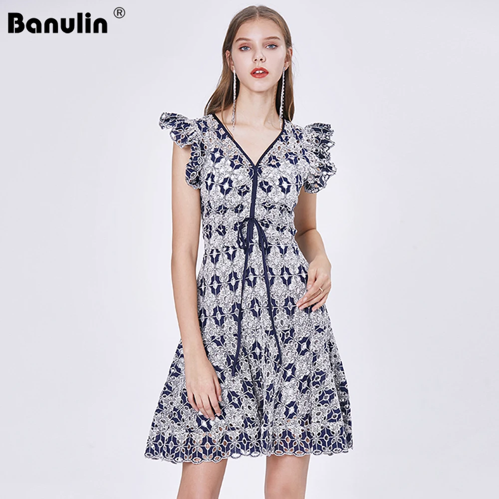 

Banulin с кружевами «кроше» с вышивкой взлетно-посадочной полосы летнее платье 2020 женское сексуальное платье с v-образным воротом, с высокой та...