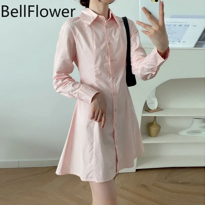 

Pink Mini Dress for Women Long Sleeve Casual High Waist Turn-down Collar A-LINE Button Sexy Korean Dress Women's Clothing 2021