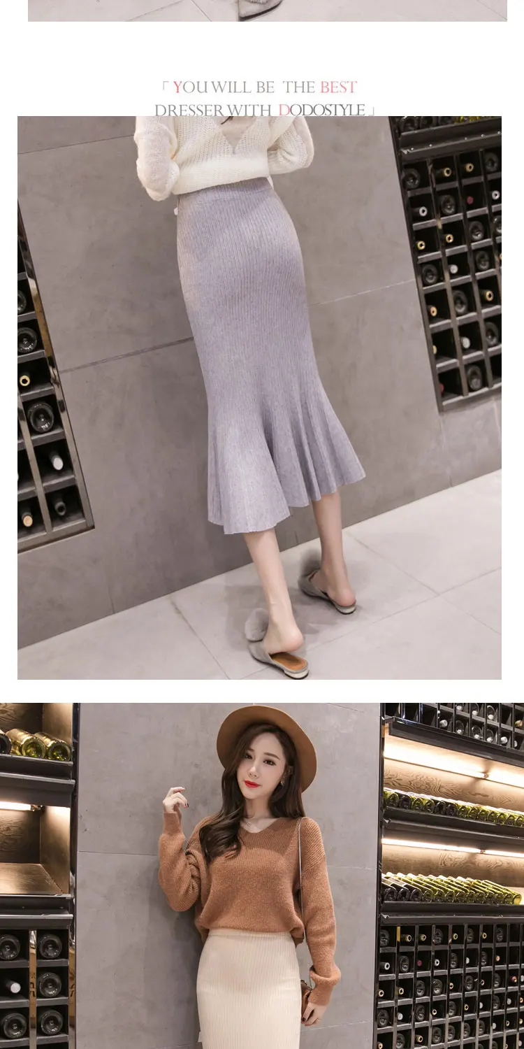 New Elegant Autumn Winter Knit Skirts Women Sweater Bodycon Mermaid Office Lady Work Wear Ruffles Skirt Chic saias faldas
