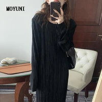 loose split round long sleeve black pleated dress women ankle length vestido feminino casual retro maxi fashion korean chic wild