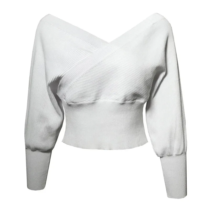 New 2019 Sexy Cross Over V Neck Wrap Crop Knit Top Autumn Long Sleeve Ladies Jumper Sweater Elegant Off Shoulder Women | Женская одежда