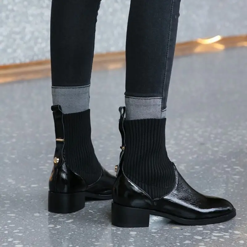 

Tuyoki Women Real Leather Slip On Winter Ankle Boots Knitting Comfortable Black Short Boots Daily Work Botas Size 34-43